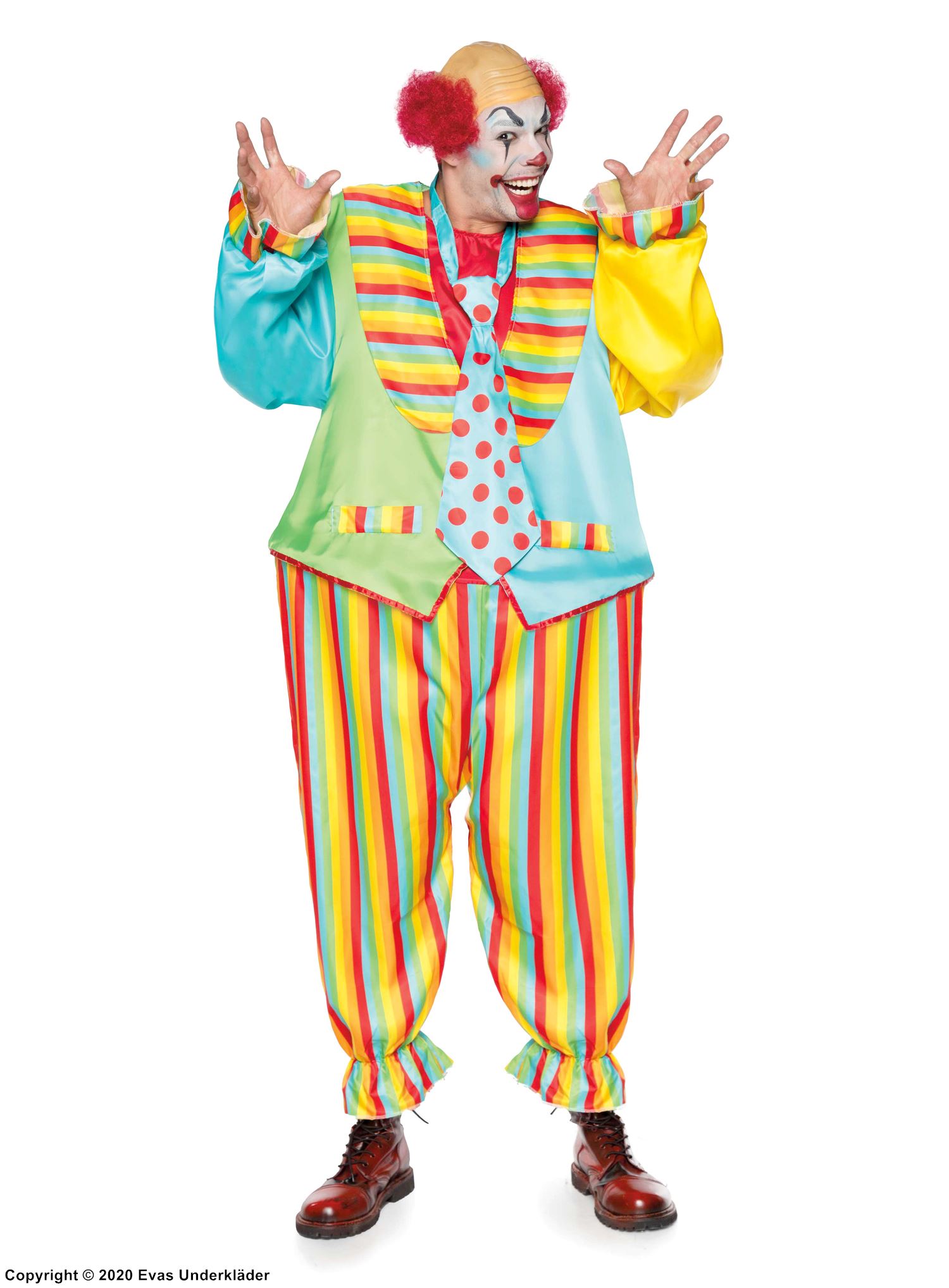 Circus clown, jumpsuit costume, necktie, colorful stripes